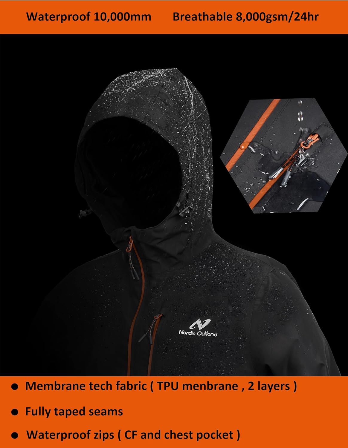 Rain Jacket Men,Waterproof Breathable Long Raincoat with Hood Mesh Lining,Windbreaker for outdoor activities - Image 4